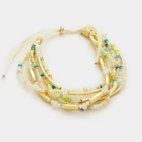 Triple Strand Beaded Cinch White and Multi-Color Bracelet