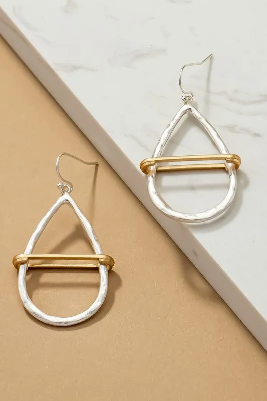Two tone hammered teardrop earrings