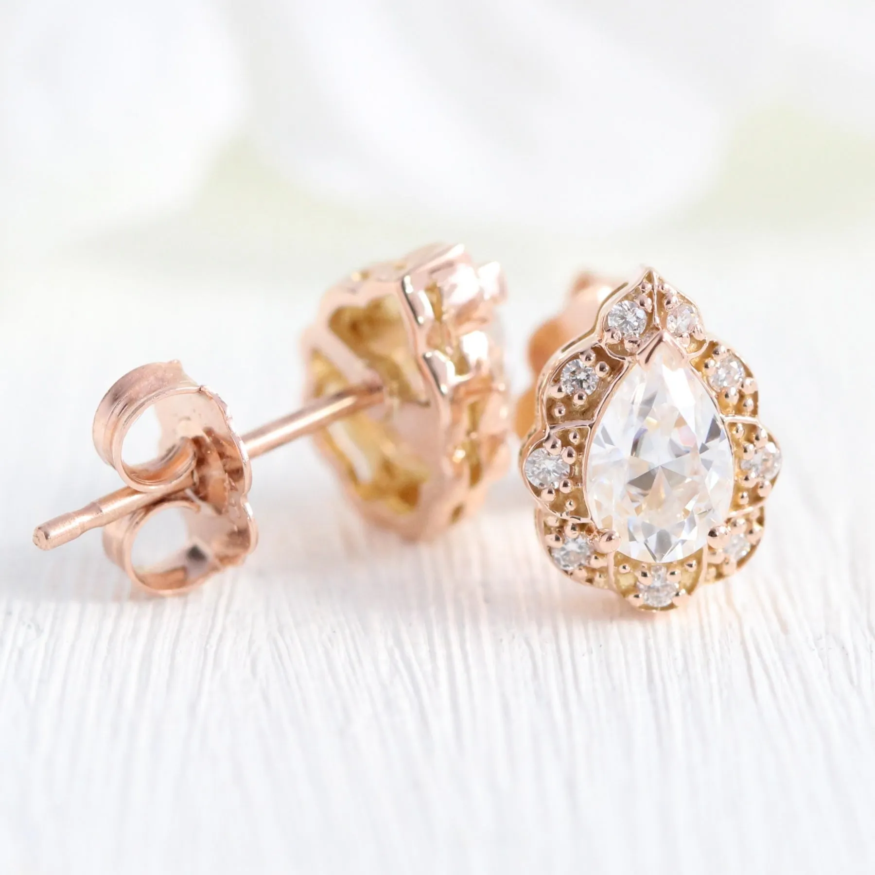 Vintage Floral Pear Halo Earrings w/ Moissanite and Diamond in Gold Studs