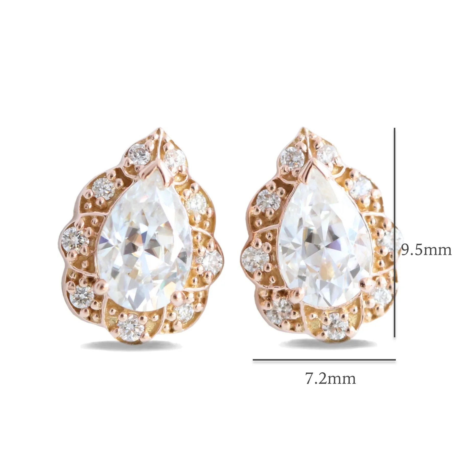 Vintage Floral Pear Halo Earrings w/ Moissanite and Diamond in Gold Studs