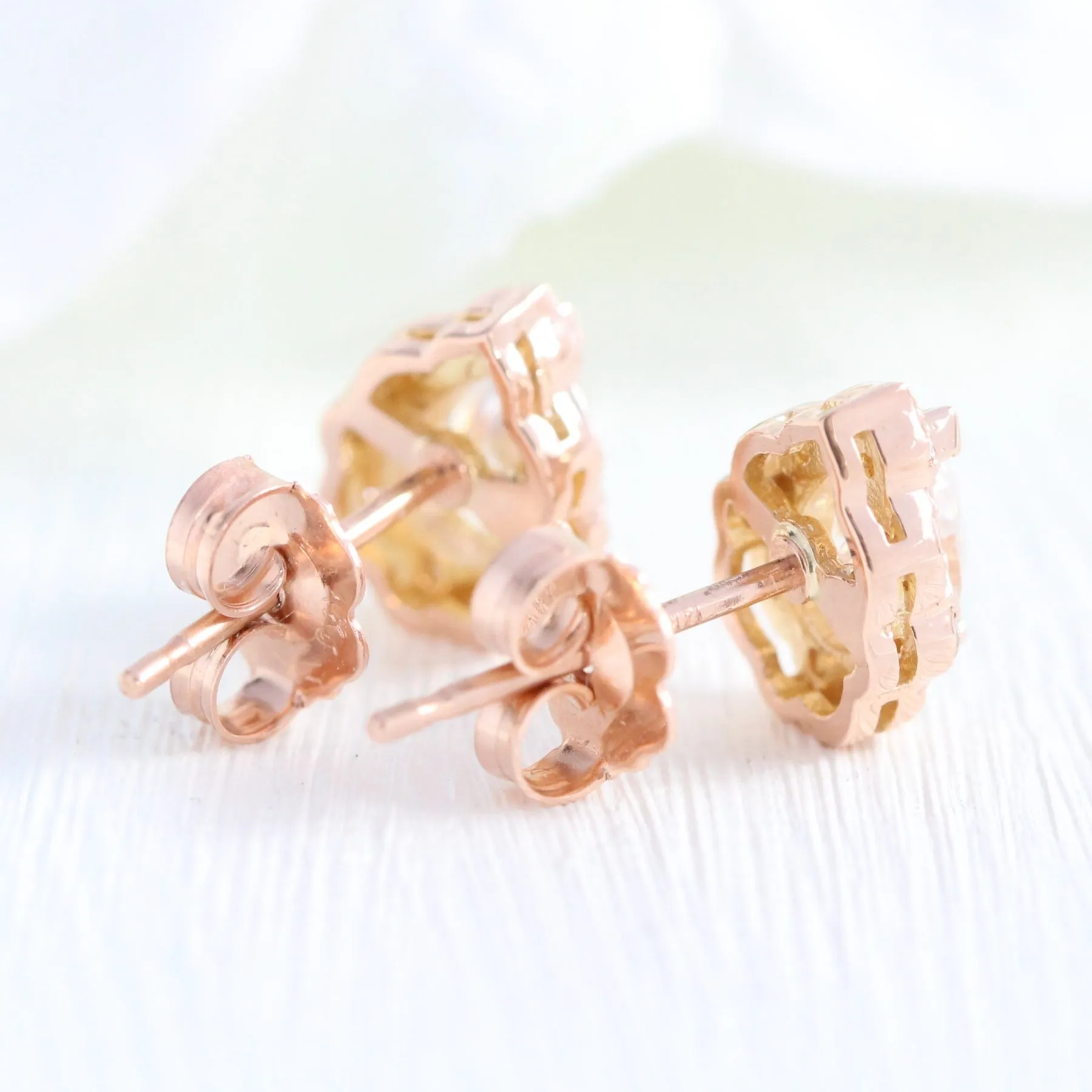 Vintage Floral Pear Halo Earrings w/ Moissanite and Diamond in Gold Studs