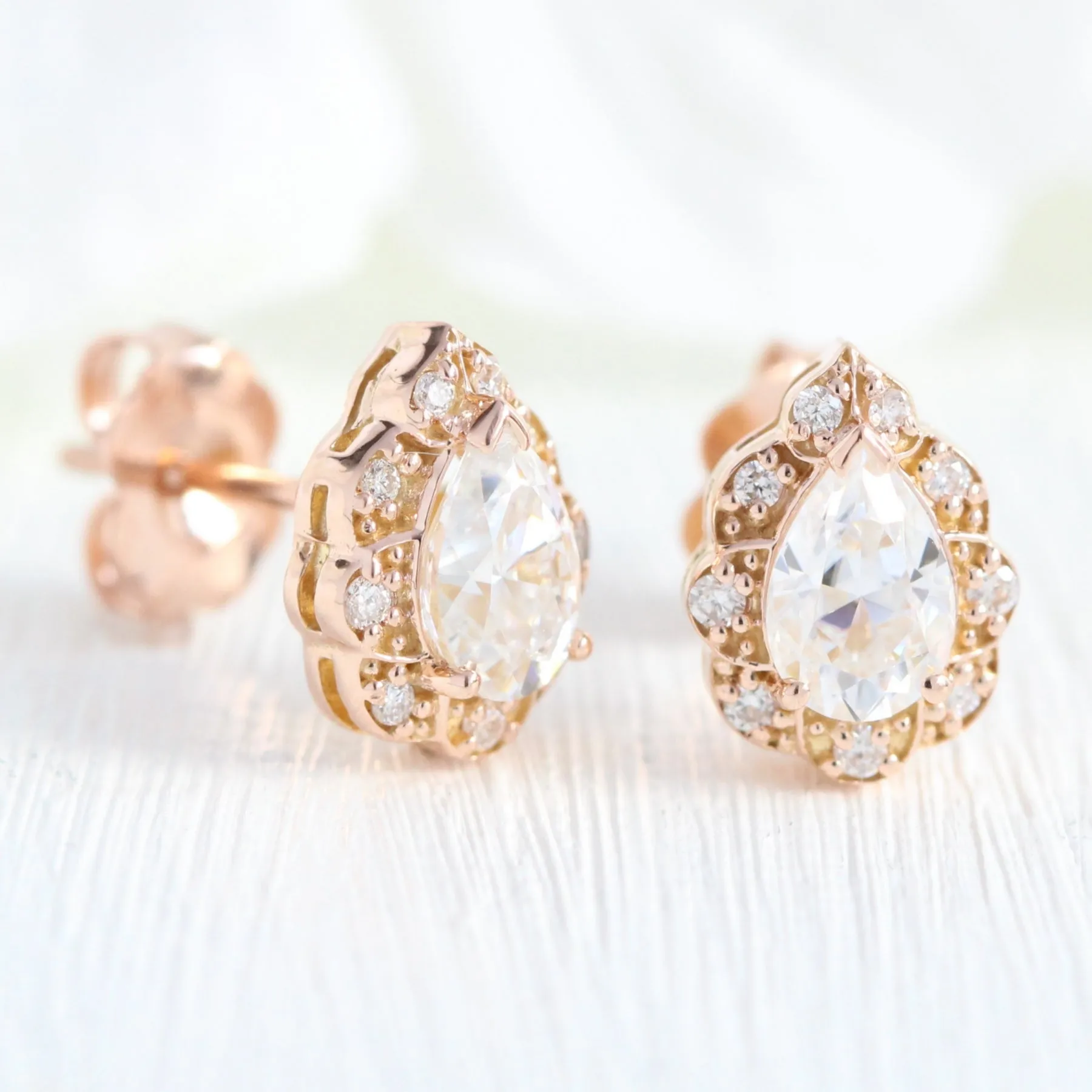 Vintage Floral Pear Halo Earrings w/ Moissanite and Diamond in Gold Studs