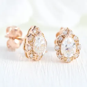 Vintage Floral Pear Halo Earrings w/ Moissanite and Diamond in Gold Studs