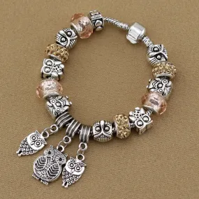 Vintage jewelry Owl Bracelet & Bangles Antique Silver Crystal Beads Owl Charm Pendant Bracelet for Women