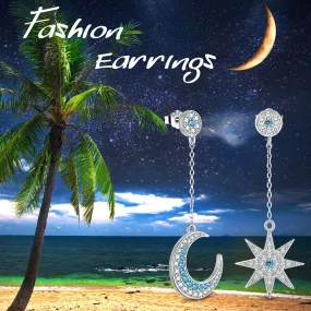 Women Asymmetric Celestial Moon & Star Dangle Earrings 925 Sterling Silver
