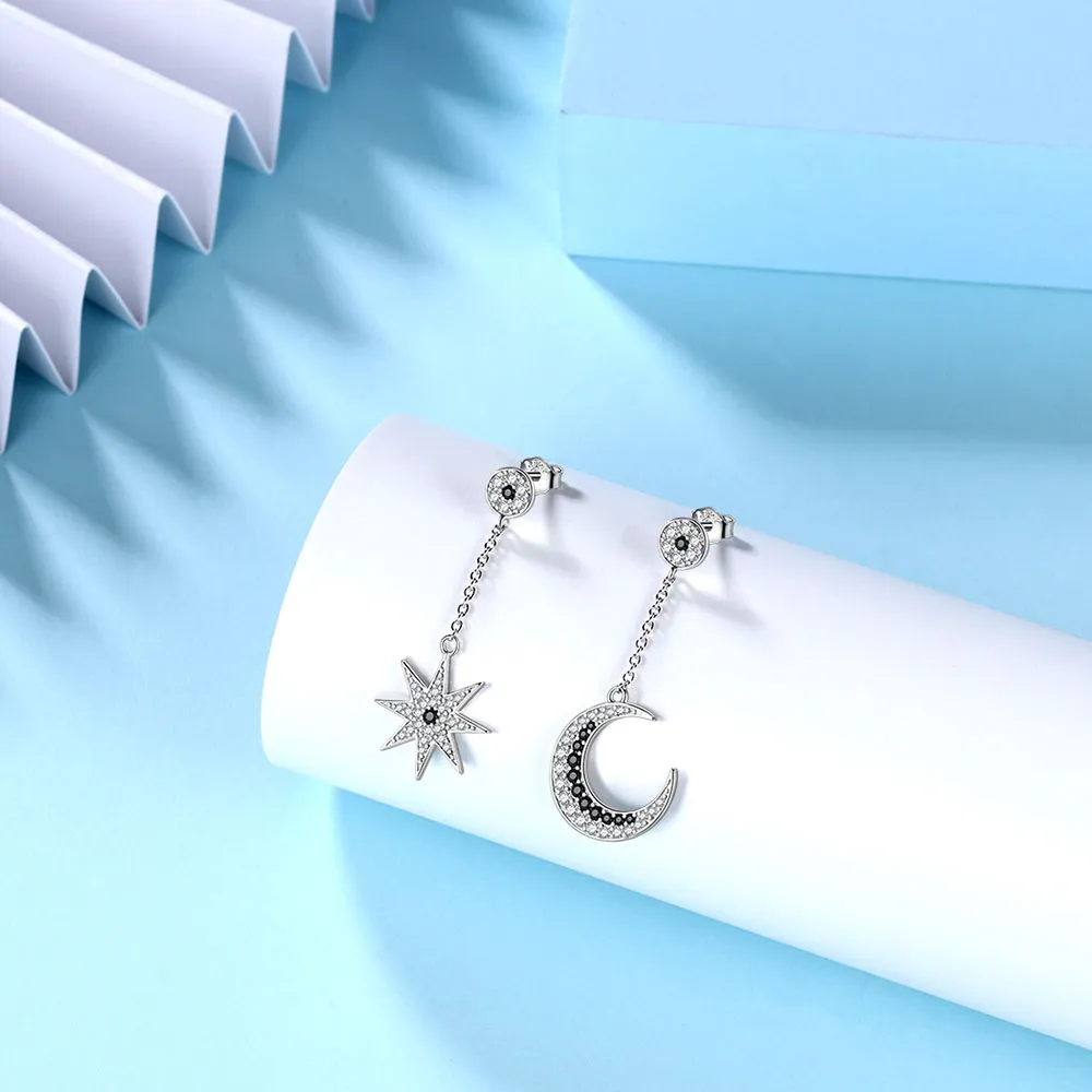 Women Asymmetric Celestial Moon & Star Dangle Earrings 925 Sterling Silver