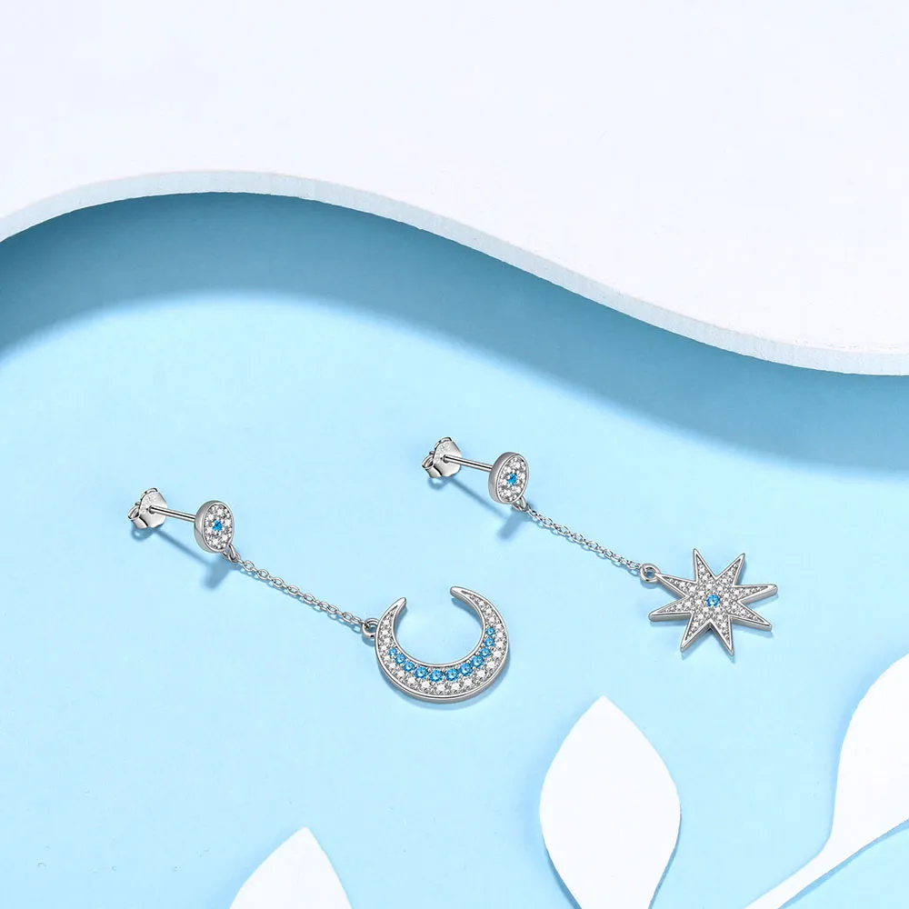 Women Asymmetric Celestial Moon & Star Dangle Earrings 925 Sterling Silver