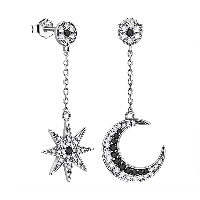 Women Asymmetric Celestial Moon & Star Dangle Earrings 925 Sterling Silver