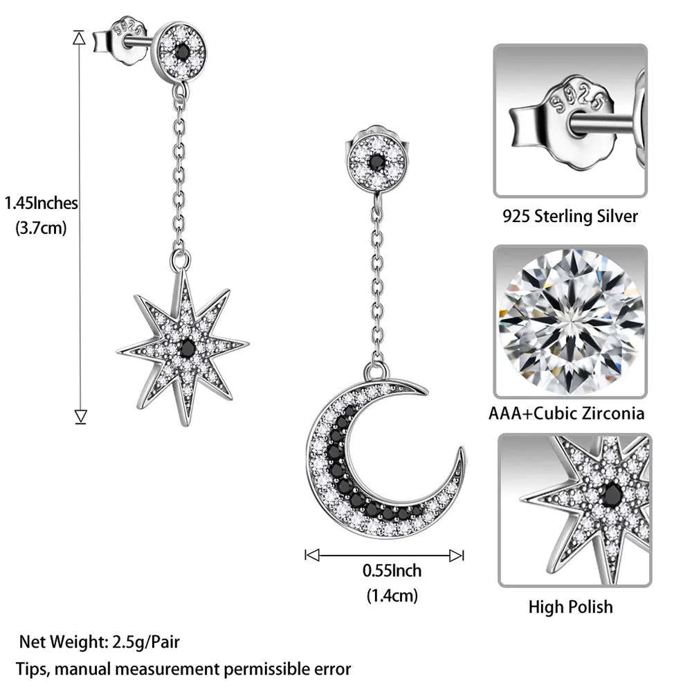 Women Asymmetric Celestial Moon & Star Dangle Earrings 925 Sterling Silver