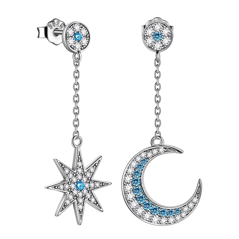 Women Asymmetric Celestial Moon & Star Dangle Earrings 925 Sterling Silver